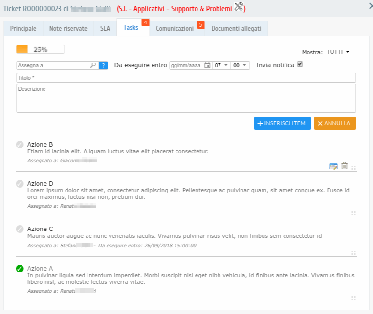 Parte che mostra la checklist del ticket del software di Help Desk di Teraet