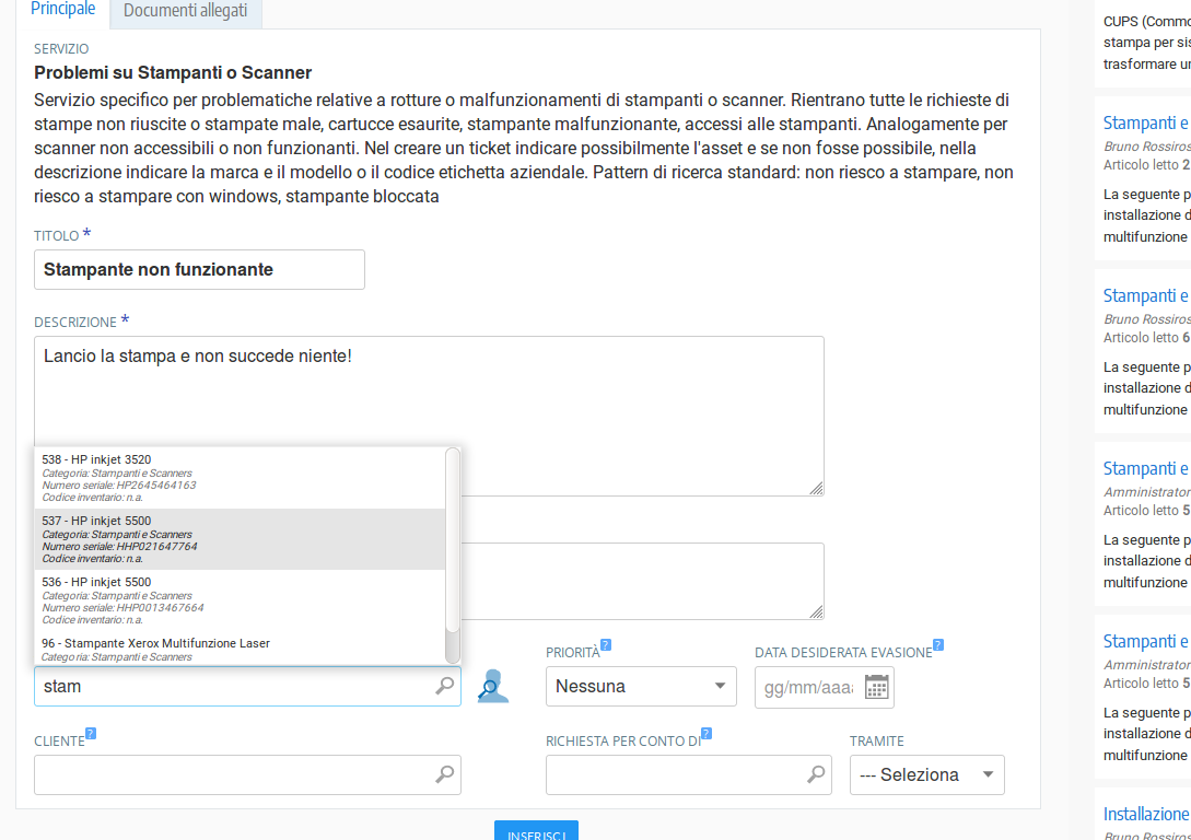 Ticket con asset nel ticketing