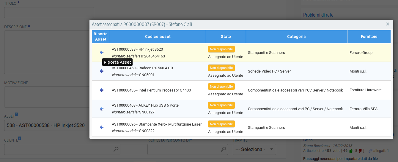 Ticket con elenco asset dell'utente nell'help desk