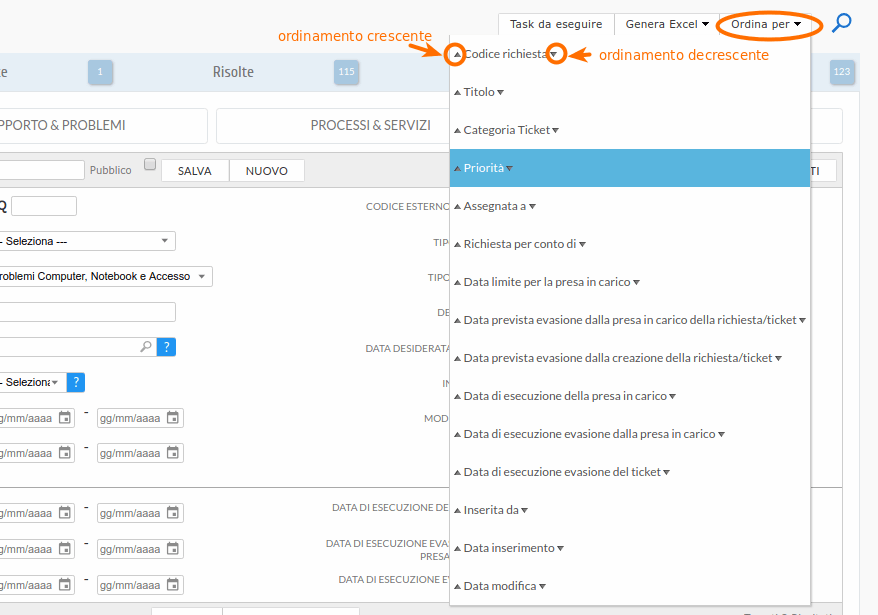 Ordinamento dei campi delle richieste nell'applicazione di Help Desk
