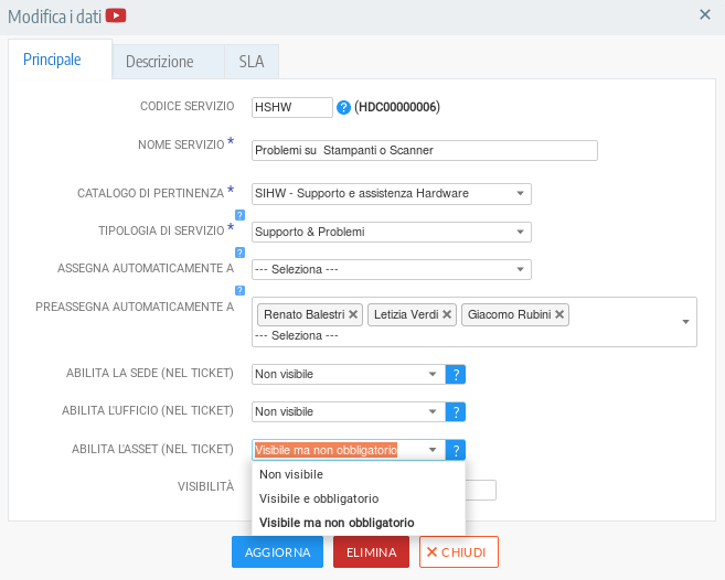 Scheda del servizio con abilitazione dell'asset