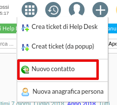 Menu per la creazione di una una nuova angrafica di contatto