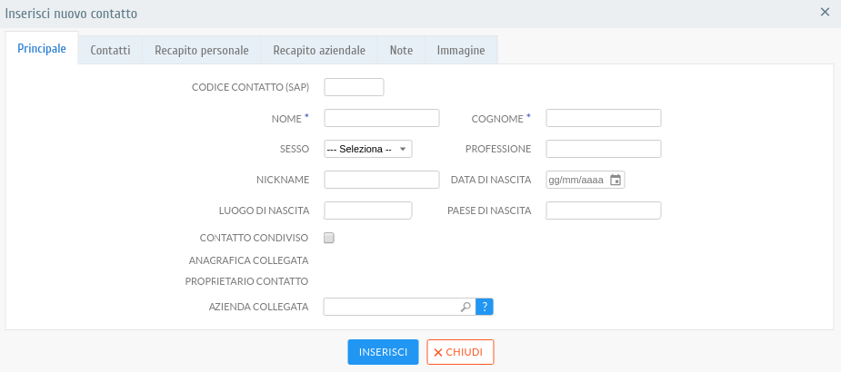 Form di creazione di una una nuova angrafica di contatto