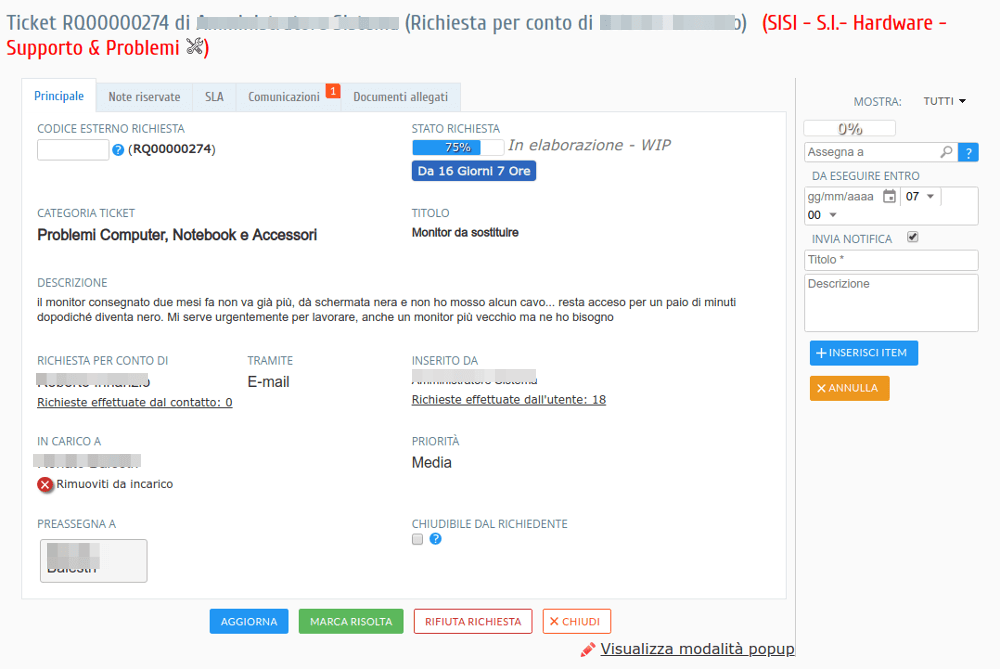 Ticket a tutto scehrmo dell'utente risolutore o agente del software di Help Desk