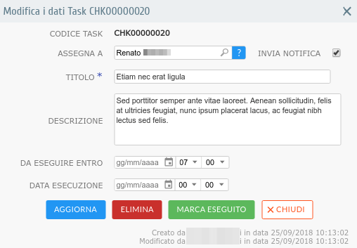 Scheda di un task creato dal risolutore stesso dell'Help Desk