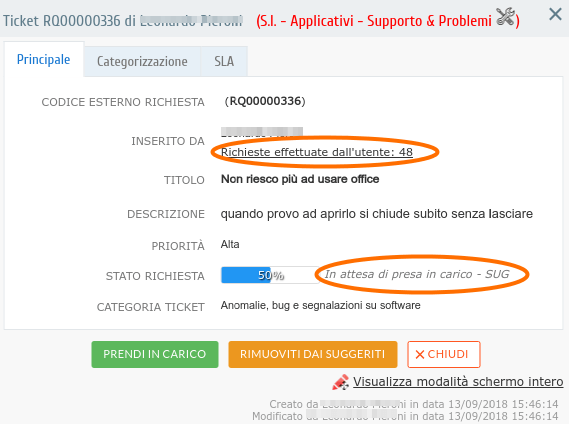Richiesta di help desk in attesa di essere presa in carico 